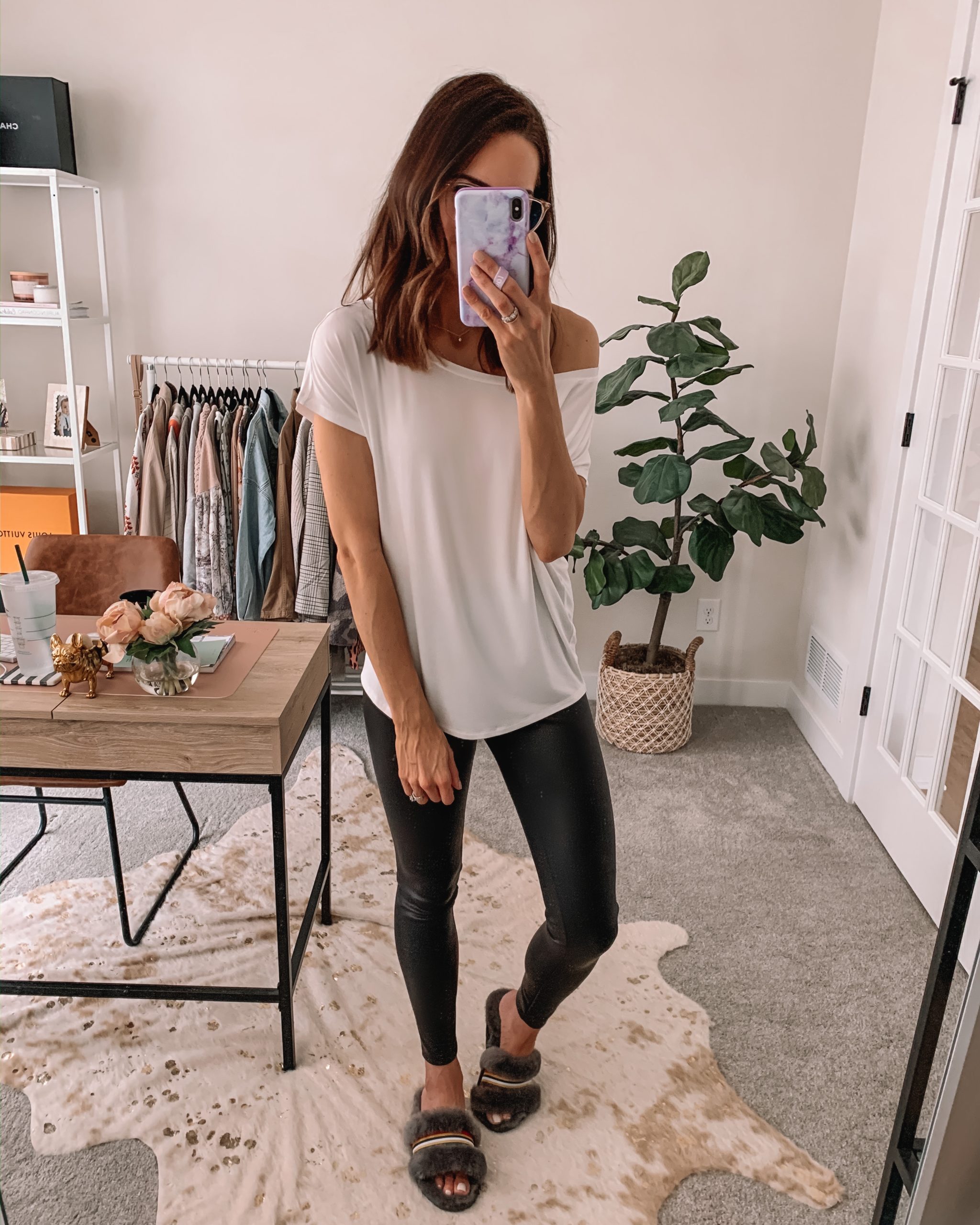 cute wfh looks, work from home outfit, comfortable, express, faux leather leggings outfit