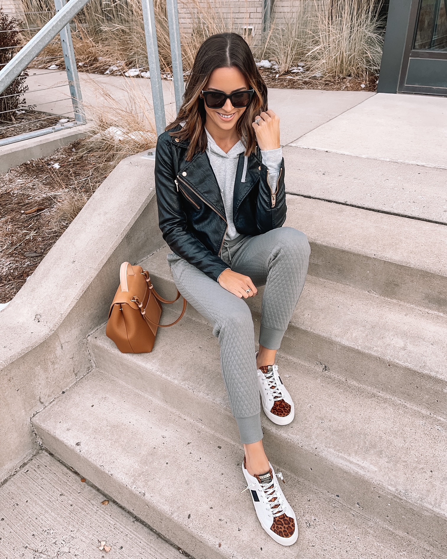 nordstrom rack finds, nordstrom rack, street style fall, fall street style, winter street style, quilted joggers, faux leather moto jacket