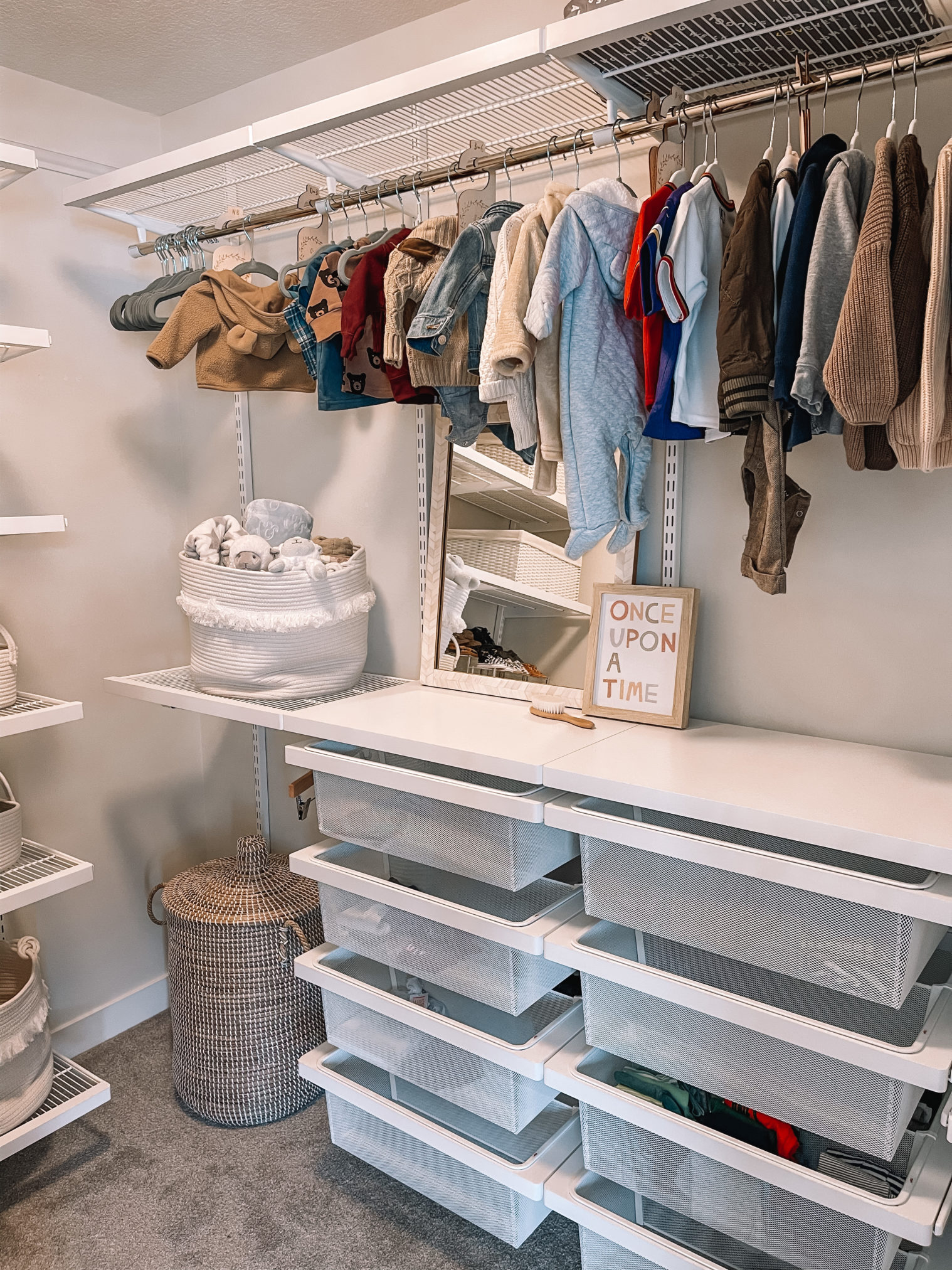 nursery elfa closet system, nursery closet, nursery closet organization, the container store closet, the container store nursery closets