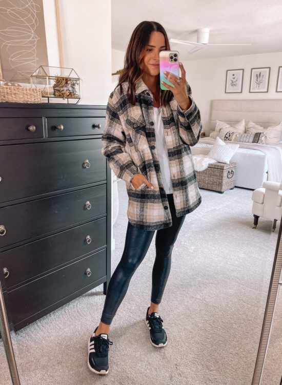 nsale in stock favorites, plaid shacket, Spanx faux leather leggings outfit